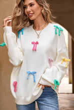 Load image into Gallery viewer, Contrast Bow Round Neck Dropped Shoulder Sweater