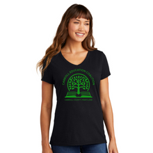 Load image into Gallery viewer, Carroll education coalition- black ladie's fit vneck tee with green design