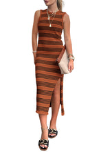 Load image into Gallery viewer, Slit Striped Round Neck Sleeveless Midi Dress
