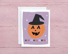 Load image into Gallery viewer, Halloween Card, Happy Halloween Card, Cute Halloween Card, Witchy Pumpkin, Jack-O-Lantern, Pumpkin Card, Purple Pumpkin, Pastel Halloween