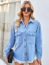 Load image into Gallery viewer, Pearl Detail Pocketed Button Up Denim Jacket