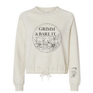 Grimm & Bare It- oatmeal crop tie front sweatshirt- gray floral with sickel on arm