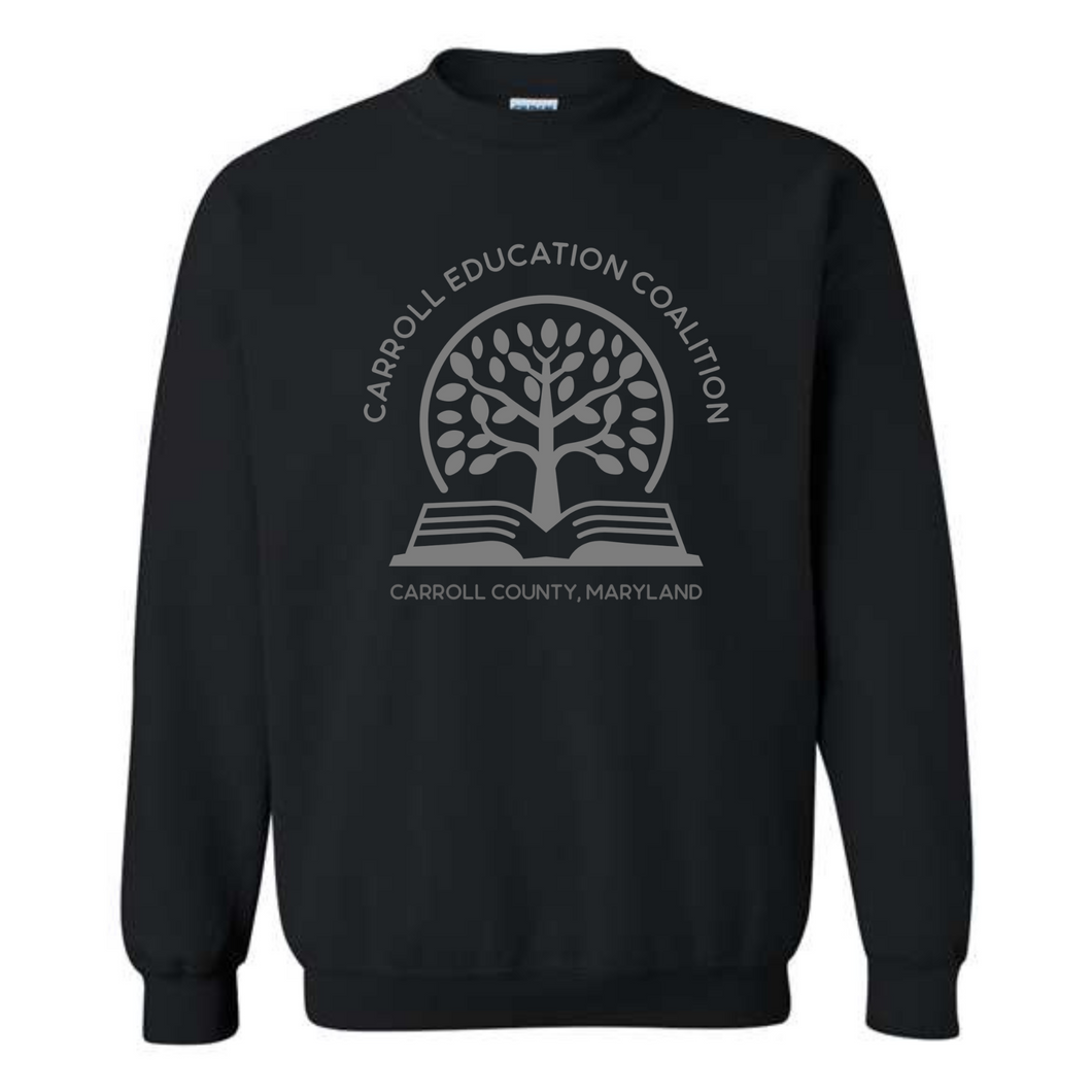 Carroll education coalition- black crewneck sweatshirt with gray design