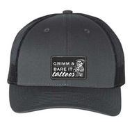 Grimm & Bare It- charcoal/black richardson 112 hat with black reaper patch