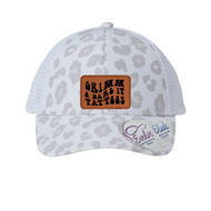 Grimm & Bare It- leopard womens ponytail hat with brown groovy logo patch