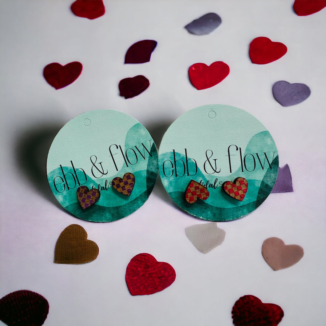 red checkered heart stud earring-wood