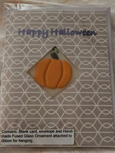 Load image into Gallery viewer, Happy Halloween Blank Card with Fused Glass Pumpkin
