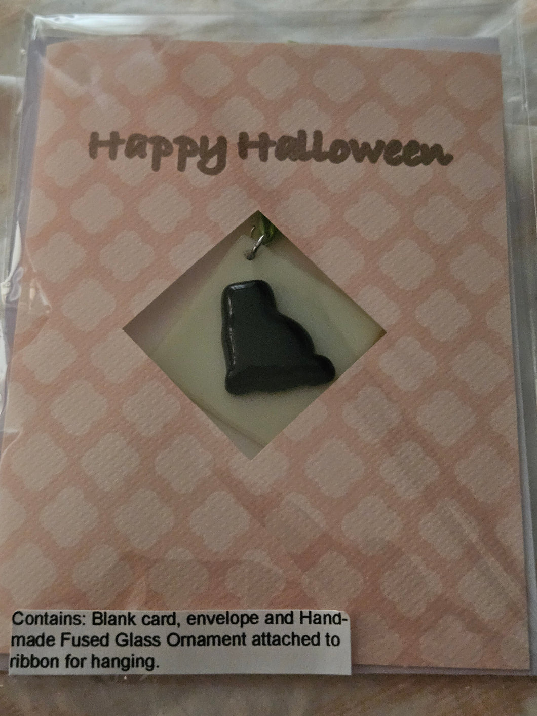 Happy Halloween Blank Card with Fused Glass Black Cat