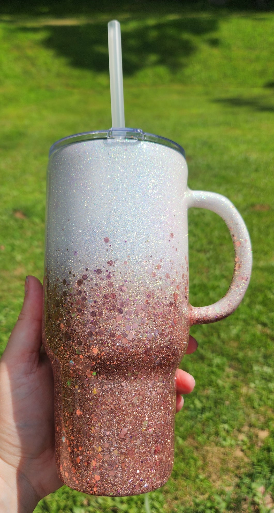 Rose Gold Glitter Ombre Tumbler with Handle 24 oz.