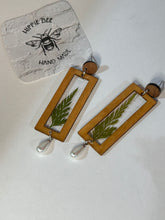 Load image into Gallery viewer, Wooden fern and pearl stud chandelier earrings
