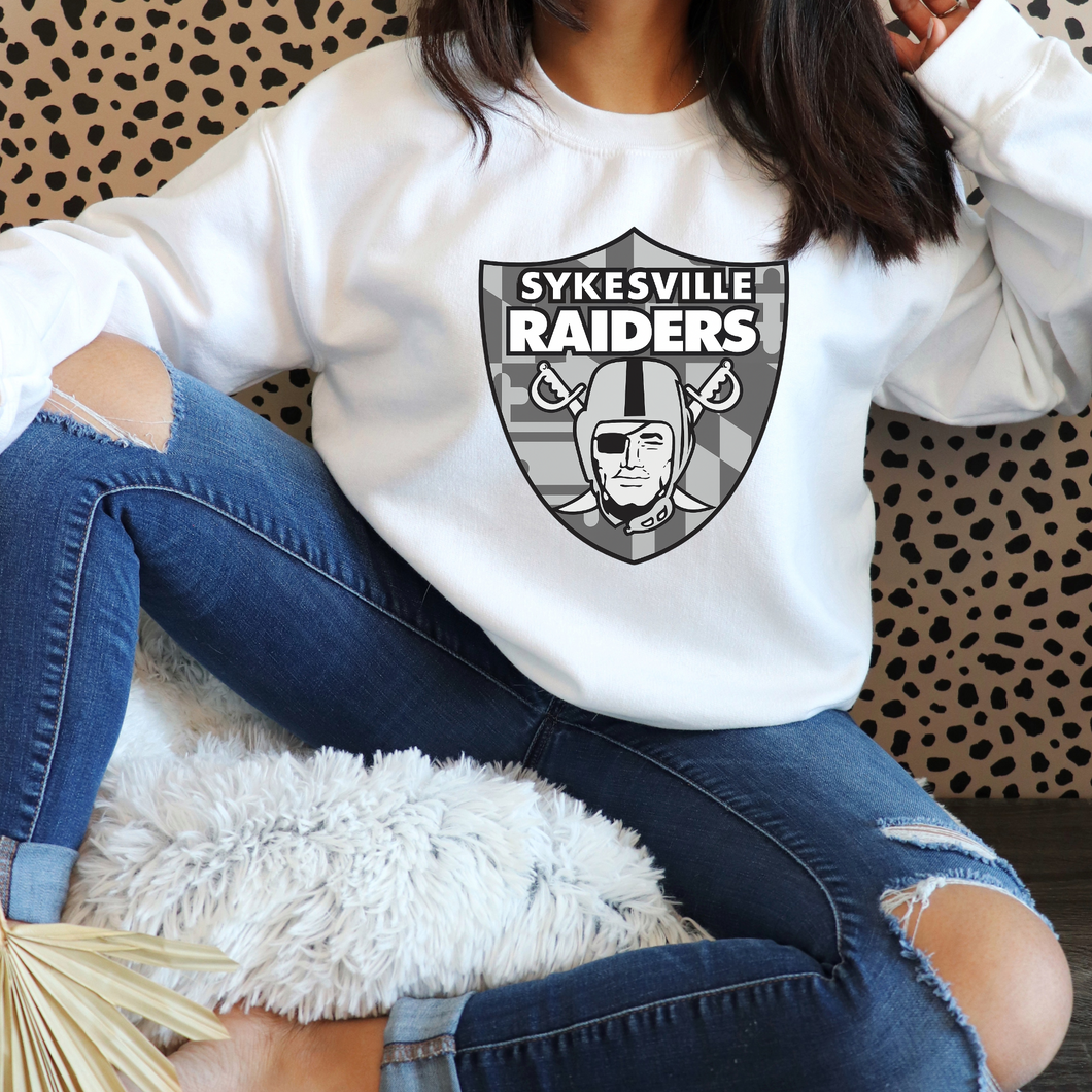 Sykesville Raiders MD emblem-  tee, long sleeve, hoodie, crewneck-white