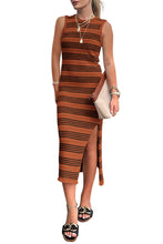 Load image into Gallery viewer, Slit Striped Round Neck Sleeveless Midi Dress

