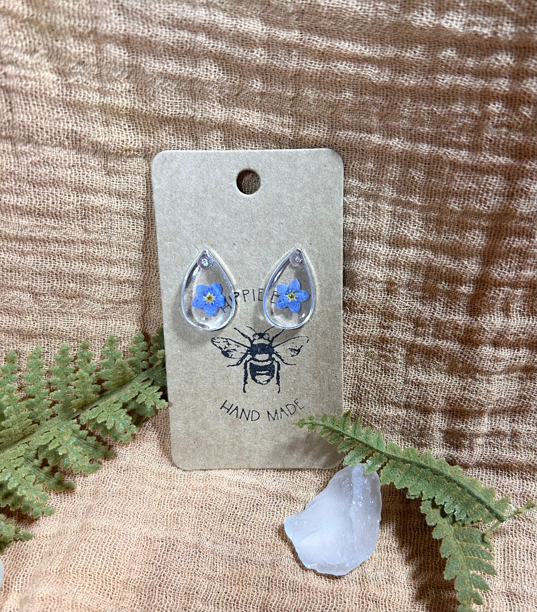 Silver forget me not floral silver tear drop stud earring
