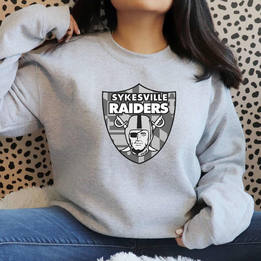 Sykesville Raiders MD emblem-  tee, long sleeve, hoodie, crewneck -gray