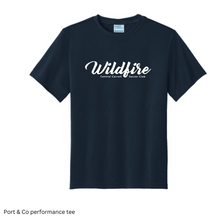 Load image into Gallery viewer, CCSC-WILDFIRE TEXT- Port and Co YOUTH performance tee- Navy + white
