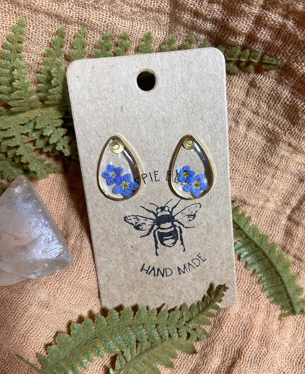 Forget me not gold tear drop stud earring