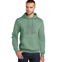 Load image into Gallery viewer, Carroll education coalition- sage hooded sweatshirt with gray design
