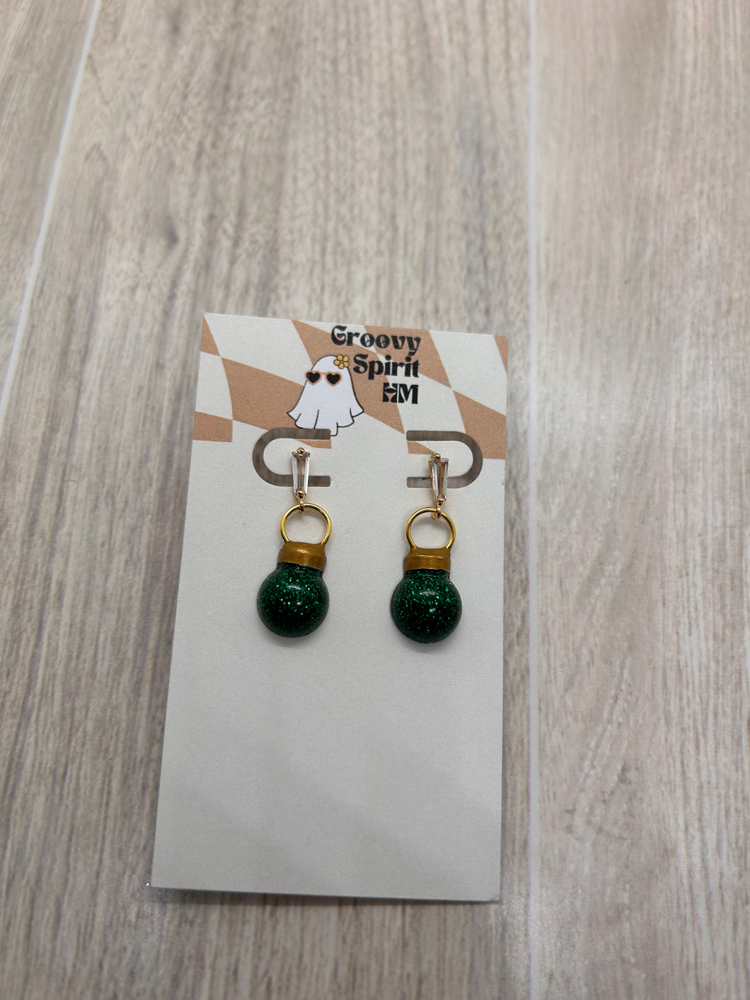Green and gold Christmas bauble dangling stud earrings