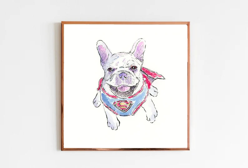 Frenchie super hero watercolor 5x7 print