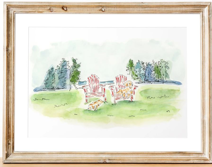Golden Retriever and Adirondack chair watercolor Print 8x10 print