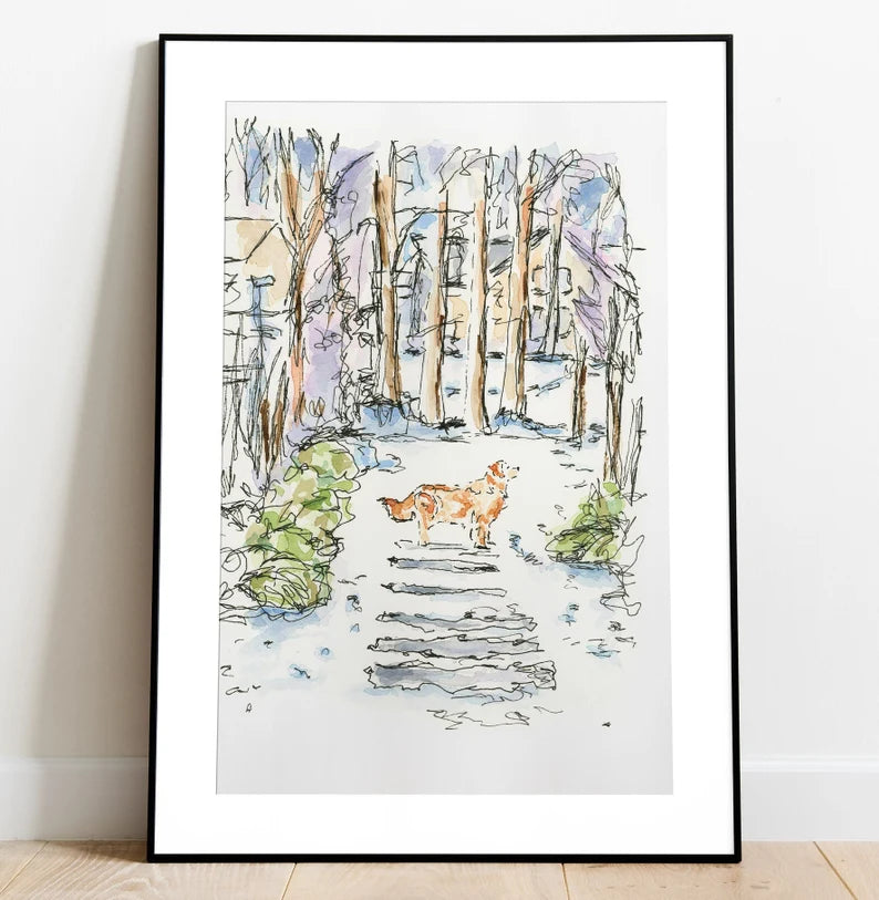 Golden Retriever Whimsical Winter Scene Watercolor 8x10 print