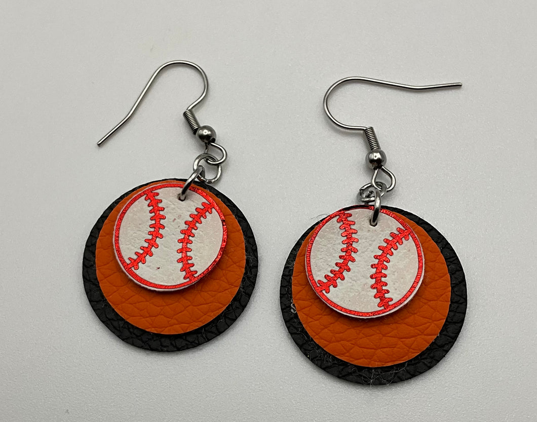 Orange and Black Baseball Faux Leather Earrings