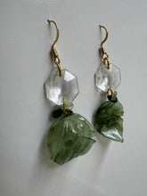 Load image into Gallery viewer, Golden Dangling Earrings with Vintage Glass Gems and Leaf Charms
