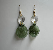 Load image into Gallery viewer, Golden Dangling Earrings with Vintage Glass Gems and Leaf Charms
