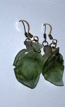Load image into Gallery viewer, Gold Dangling Earrings with Vintage Glass Leaf Charms
