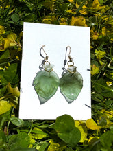 Load image into Gallery viewer, Gold Dangling Earrings with Vintage Glass Leaf Charms
