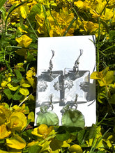Load image into Gallery viewer, Silver Dangling Earrings with Vintage Glass Gems and Leaf Charms
