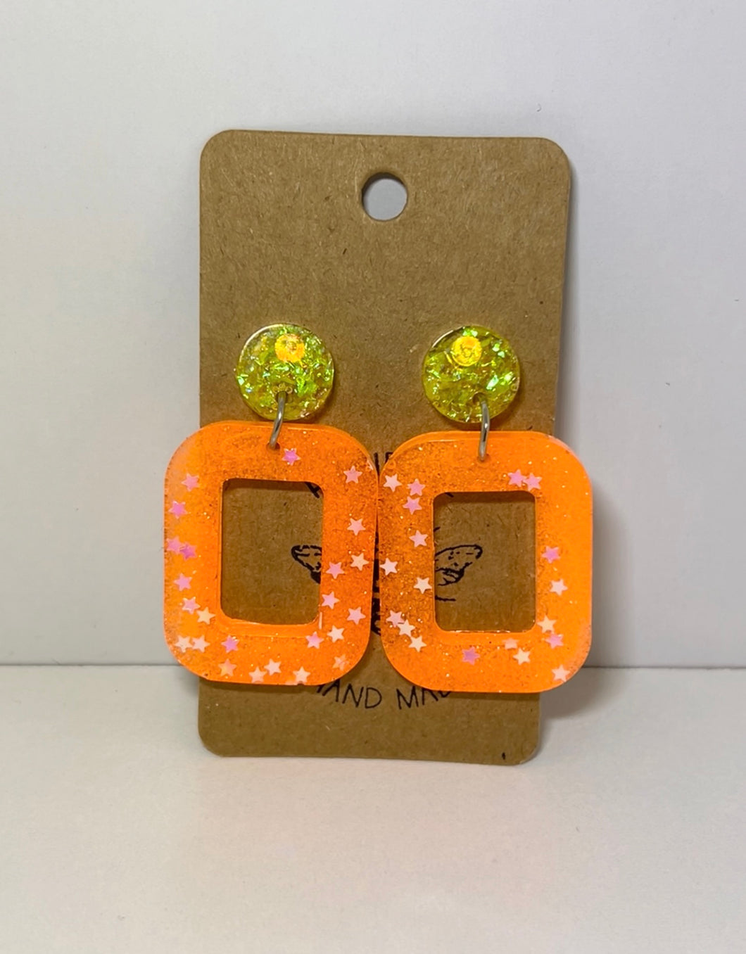 Neons yellow and orange star squoval stud dangles- black light reactive