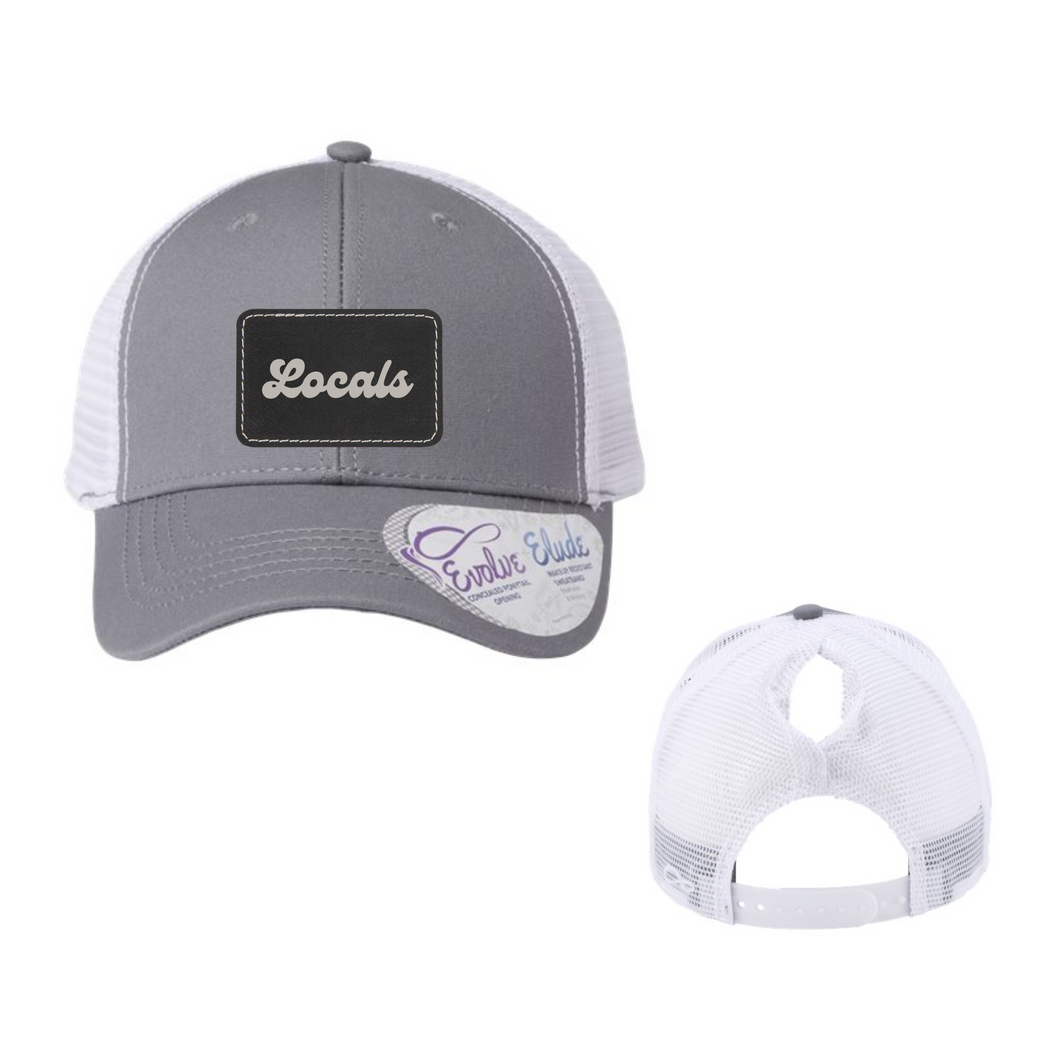 The Locals- gray infinity modern trucker hat with patch and ponytail hole