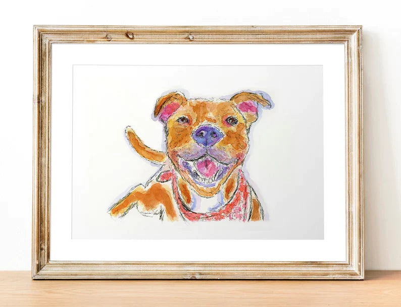 Pitbull happy face watercolor 5x7 print