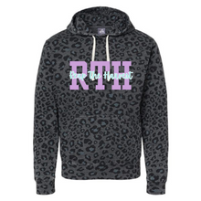 Load image into Gallery viewer, RTH purple and mint logo on black leopard hoodie- not guaranteed for holiday arrival
