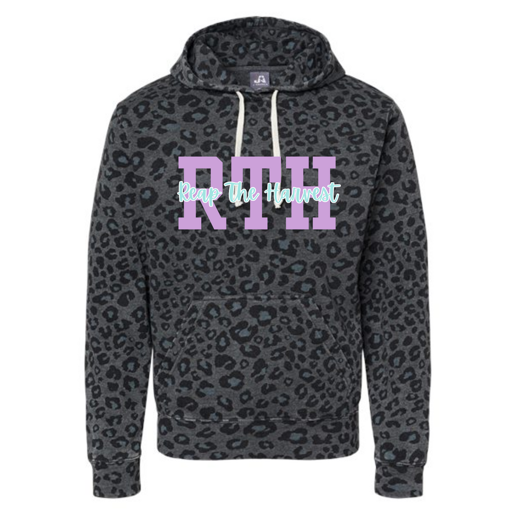 RTH purple and mint logo on black leopard hoodie- not guaranteed for holiday arrival