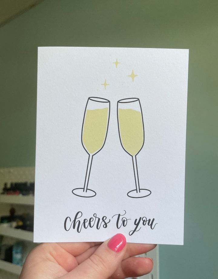 Cheers to You Card | Celebration Greeting Card | Champagne Glass Cheers Card | Congratulations Card | A2 Greeting Card