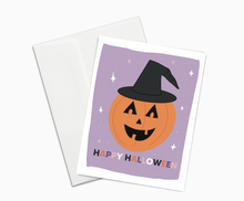 Load image into Gallery viewer, Halloween Card, Happy Halloween Card, Cute Halloween Card, Witchy Pumpkin, Jack-O-Lantern, Pumpkin Card, Purple Pumpkin, Pastel Halloween
