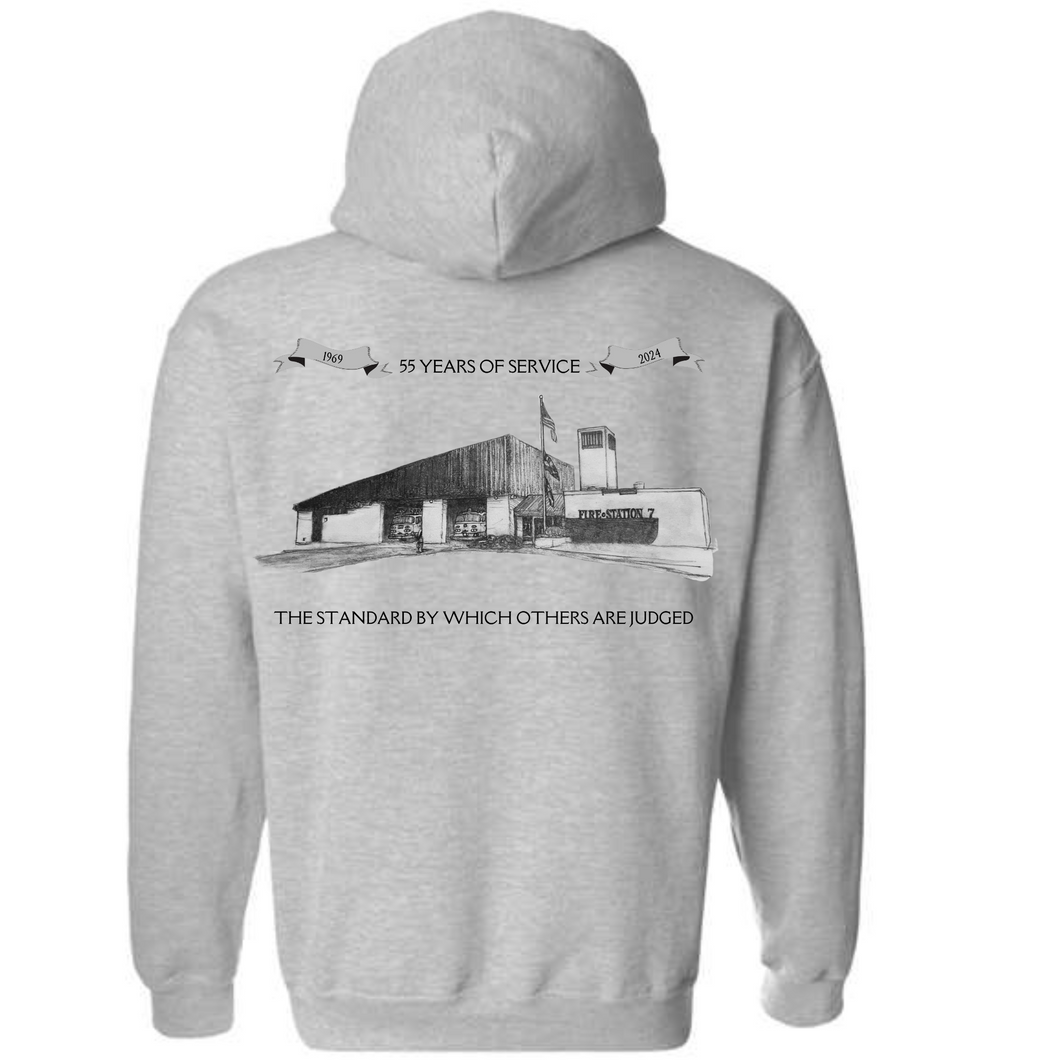 Light gray hooded sweatshirt- Banneker fire station 55th anniversary shirt