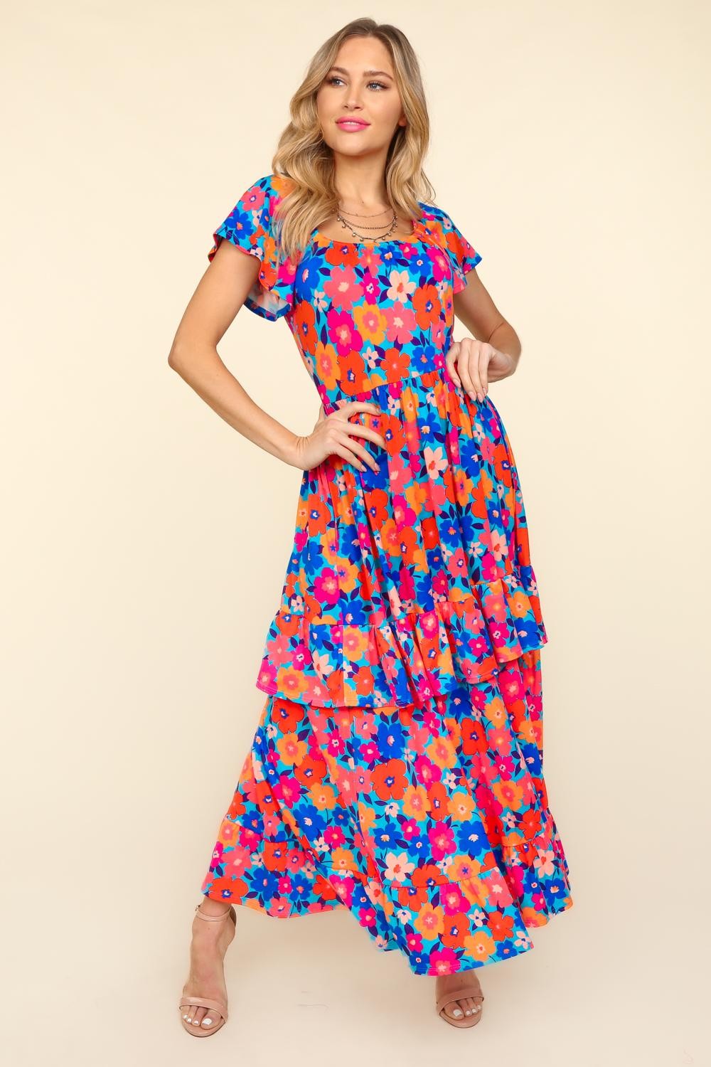 Haptics Floral Maxi Ruffled Dress with Side Pockets Tidal Salt Co