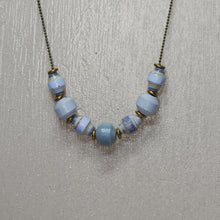 Load image into Gallery viewer, Light Blue and Grey Paper Bead Antiqued Brass Tiny Ball Chain Necklace - 17&quot; w/ 2&quot; chain extender
