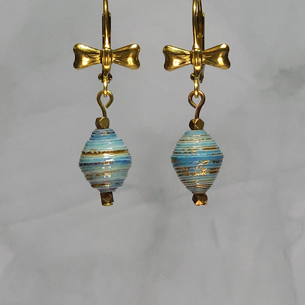 Brass Bow Lever Back Light Blue Paper Bead Earrings - 1-3/8