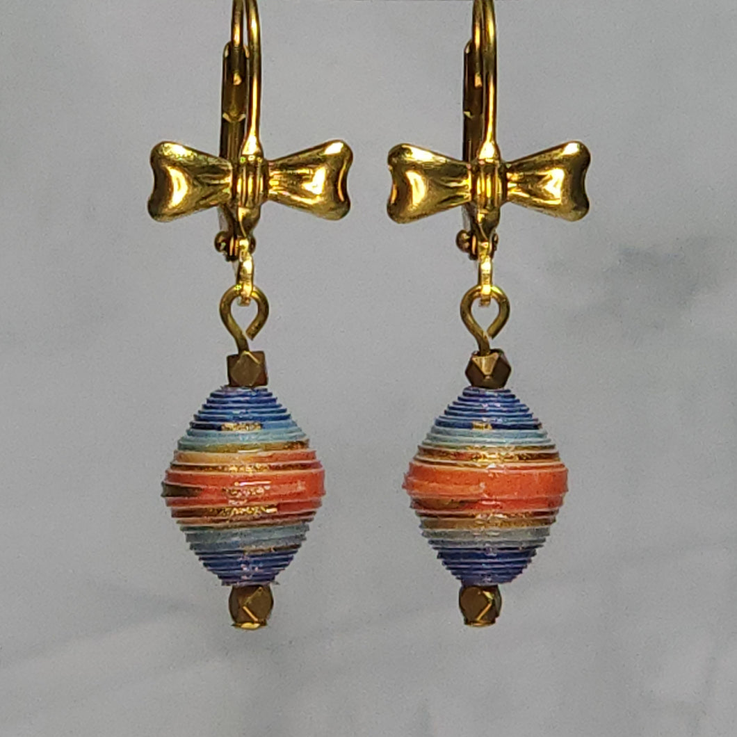 Brass Bow Lever Back Blue-Orange Paper Bead Earrings - 1-3/8
