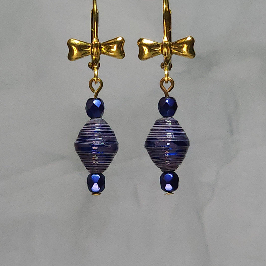 Brass Bow Lever Back Blue Paper Bead Earrings - 1-1/2