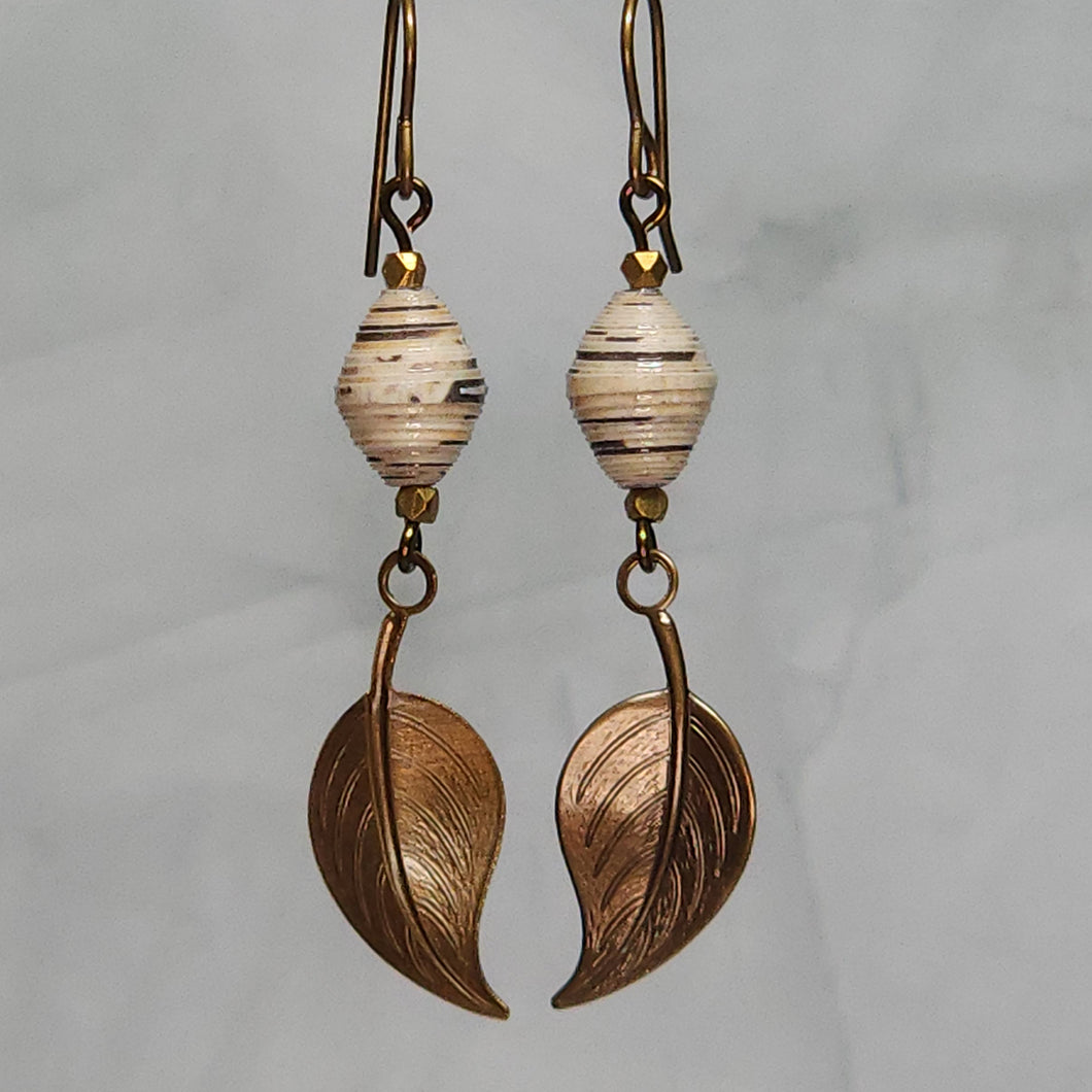 Earth Tone Copper Leaf Dangle Paper Bead Earrings - 2-1/2
