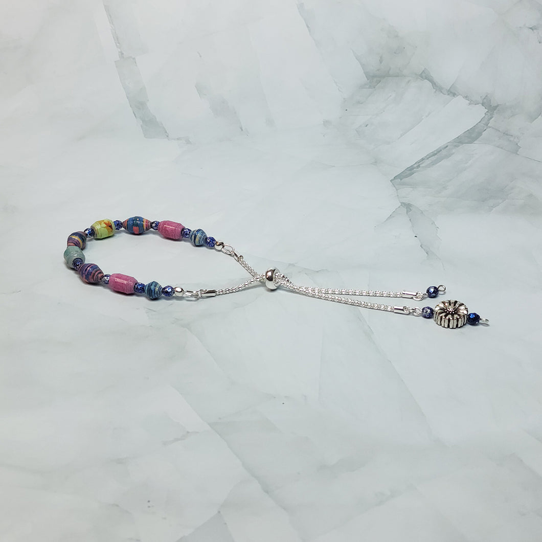 Paper Bead Adjustable Slider Knot Bracelet w/ flower charm