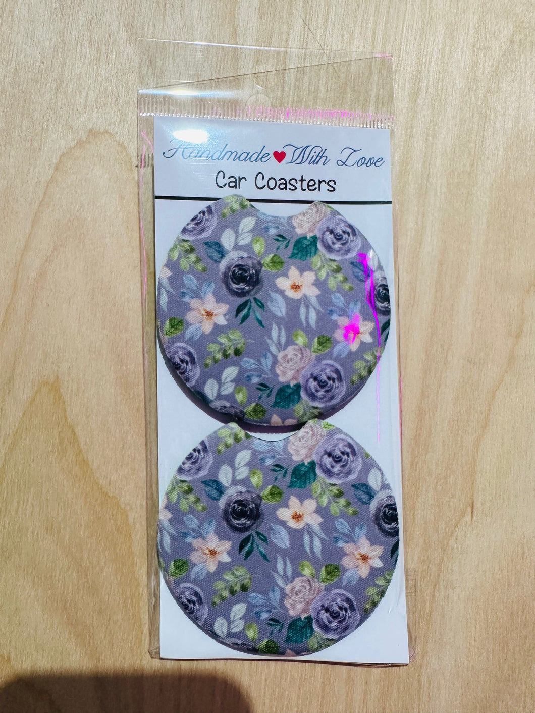 purple/cream floral car coaster- set of 2