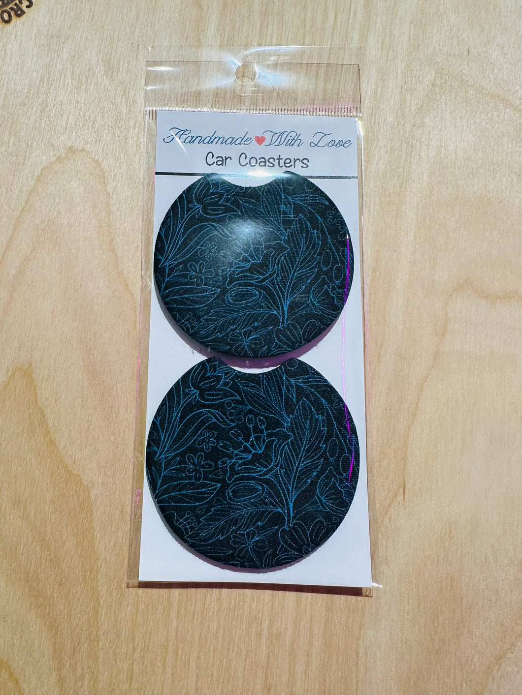 floral black/blue  car coaster- set of 2
