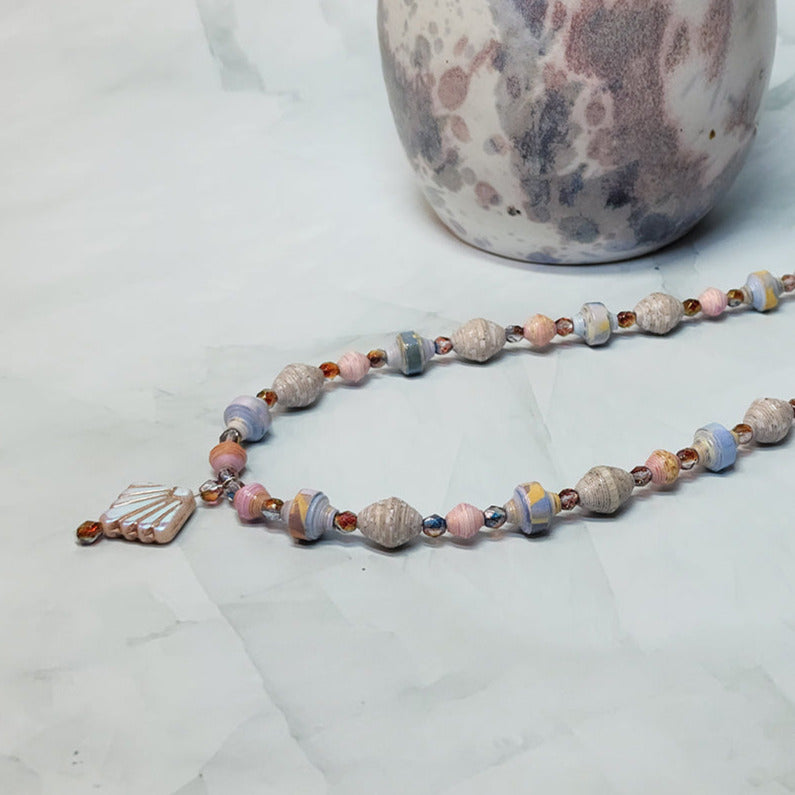 Peach Fan Paper Bead Necklace - 18