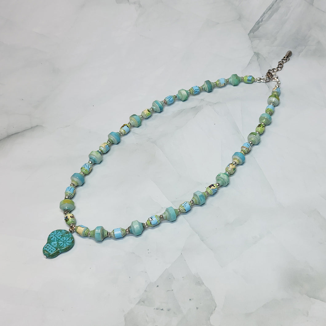 Teal Skull and Paper Bead Necklace - 17.5